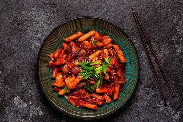 Tteokbokki with kimchi and bacon