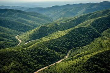 Obraz premium Green mountains and hills with a winding river valley creating serene nature scenery