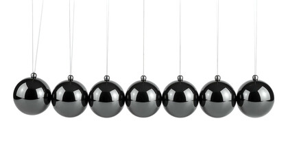 A row of polished metal spheres suspended by thin strings, illustrating Newton's cradle