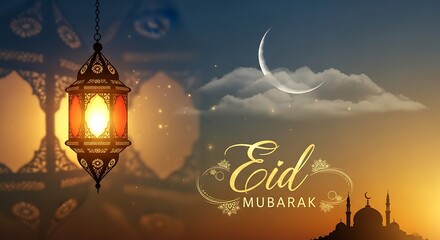 Eid Mubarak Lantern Crescent Moon Celebration.