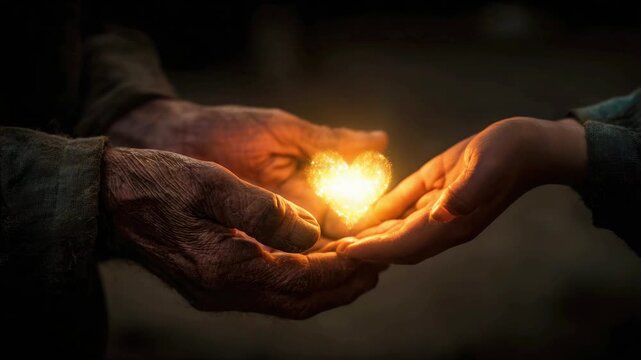 Hands hold a glowing heart-shaped lamp in the dim light. A young hand and an elderly hand with wrinkles. The concept of intergenerational unity, the elderly passing on knowledge to the young with love