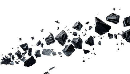 Floating, irregularly shaped, dark glossy objects against a solid black background