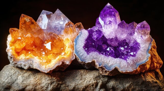 Naturally formed amethyst and citrine geode slices displaying vibrant purple and orange crystal formations on a textured surface