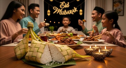 Family Celebrating Eid Mubarak with Traditional Meal.