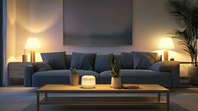 A cosy sofa, soft lamp lighting and plants create a harmonious setting for showcasing home comfort, use as a backdrop in interior design magazines.

