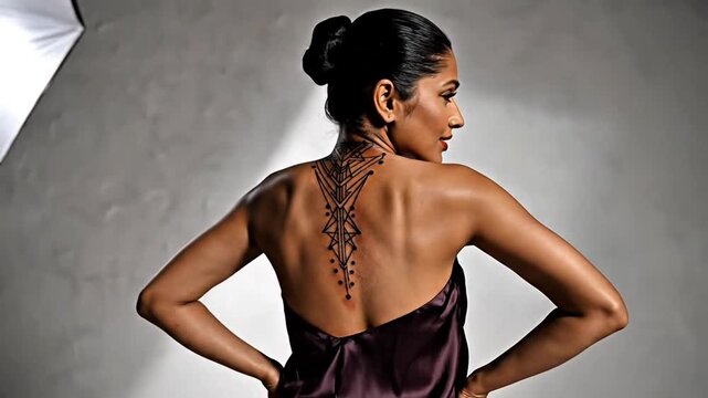 Elegant Woman Back View Geometric Spine Tattoo Studio Portrait
