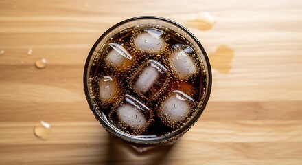 Glass of Cola with Ice Cubes on Wooden Table.