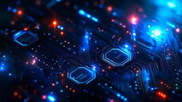 Futuristic AI Data Processing Circuit Board with Glowing Microchips and Digital Network Lights