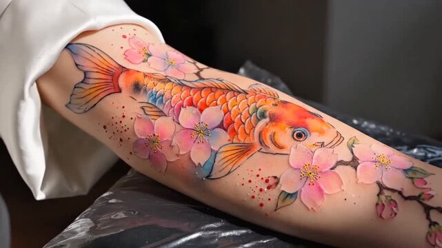Vibrant Watercolor Koi Fish and Cherry Blossom Tattoo on Arm