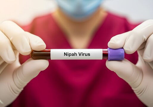 Nipah Virus blood sample tube held by lab worker for diagnostic testing of deadly paramyxovirus infection