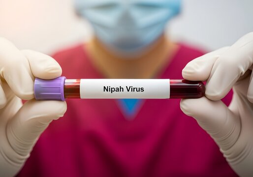 Nipah Virus blood sample tube held by lab worker for diagnostic testing of deadly paramyxovirus infection