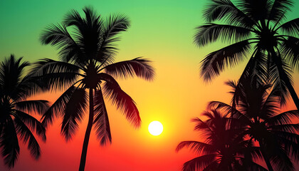 Obraz premium Silhouetted palm trees against a vibrant sunset sky with a gradient of green, yellow, and red