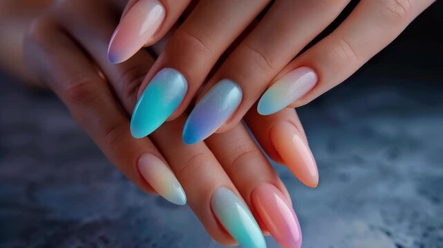 A neat manicure with gradient shades of blue and pink will decorate the main background for beauty blogs or educational master classes on nail art.
