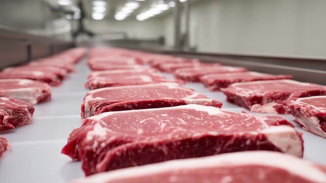 fresh raw beef steaks neatly aligned on refrigerated supermarket display tray, glossy stainless steel surface reflecting overhead lights, strong