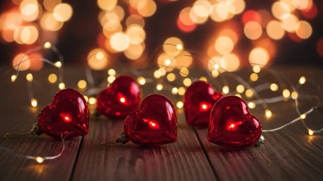 Red Heart Lights Garland on Wooden Table Romantic Background