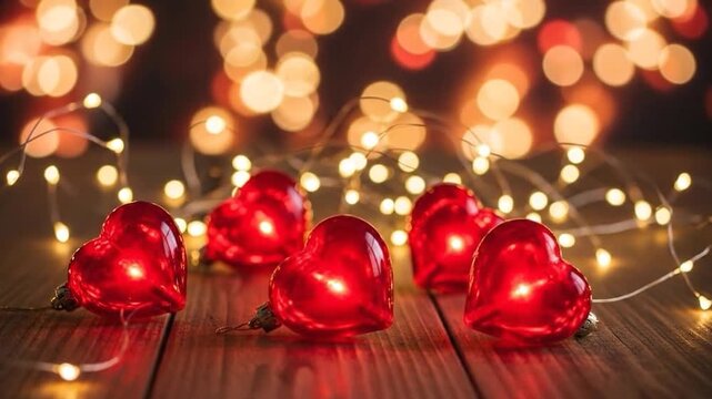 Red Heart Lights Garland on Wooden Table Romantic Background