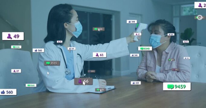 Doctor pointing thermometer taking temp and noting vitals while sparking graphic counters growing