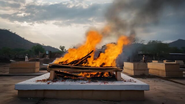 a Hindu outdoor funeral pyre burning on a wooden bier at a rural cremation ground in India, frontal wide view 