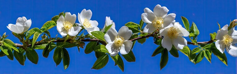 Close up of white flowers with green leaves against a vibrant blue sky background