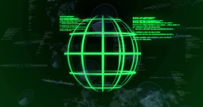 Startup pulse appearing, neon-green wireframe globe rotating, text sliding, displaying HUD data