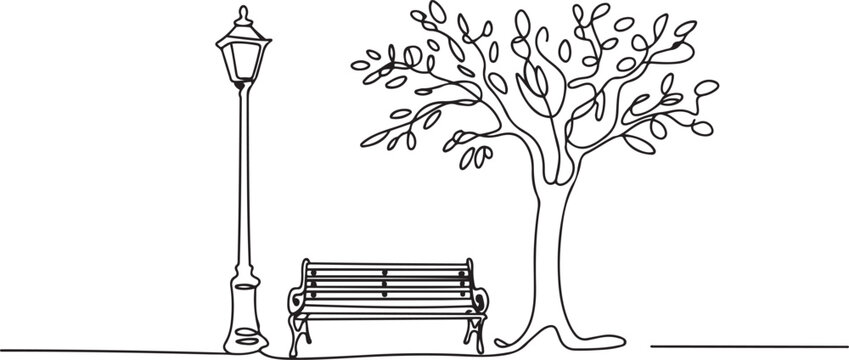 Bench in park near tree and lantern. Continuous One line minimalism style drawing. one line Art icon drawing vector