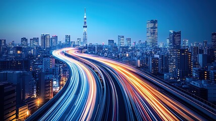 Fototapeta premium Cityscape at dusk with light trails on elevated highway and tall buildings in background