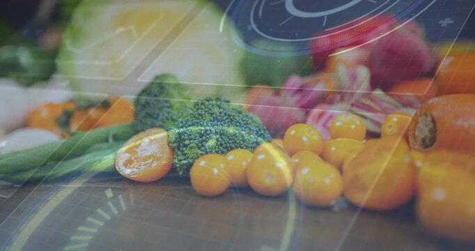 HUD dial appearing, sweeping over broccoli and cherry tomatoes, shifting focus and showing texture