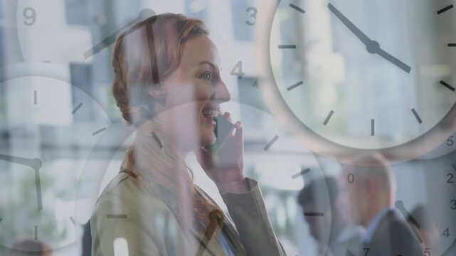 Woman taking phone call for meeting, listening then smiling nodding ending, clocks overlaying time
