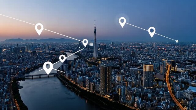 Night descends on the city skyline as lights turn on. Markers show different points of interest across the area