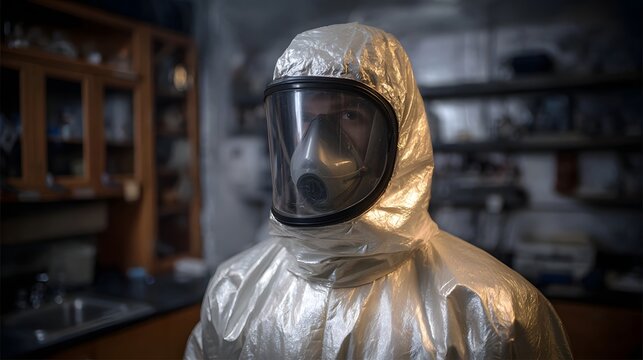 Person in silver hazmat suit with full face respirator looking forward in a laboratory