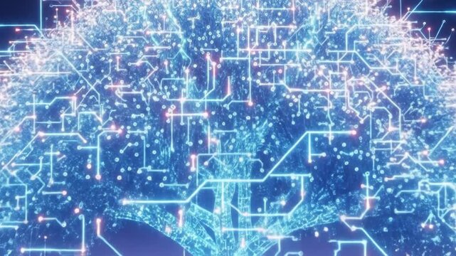 Abstract digital tree with glowing connections, symbolizing technology, growth, and interconnectedness on a dark background.