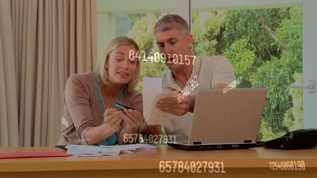 Couple sorting bill stack, woman tapping calculator, calculating home budget with floating numbers