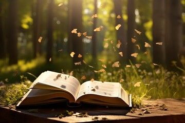 Naklejka premium Open book with autumn leaves flying in a sunny forest, symbolizing imagination and storytelling