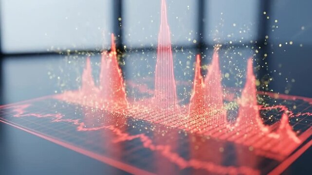 Abstract red graph with glowing particles, representing data analysis and financial trends.