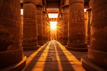 Naklejka premium Sun rays illuminating the historic hypostyle hall with hieroglyphs carved into ancient columns