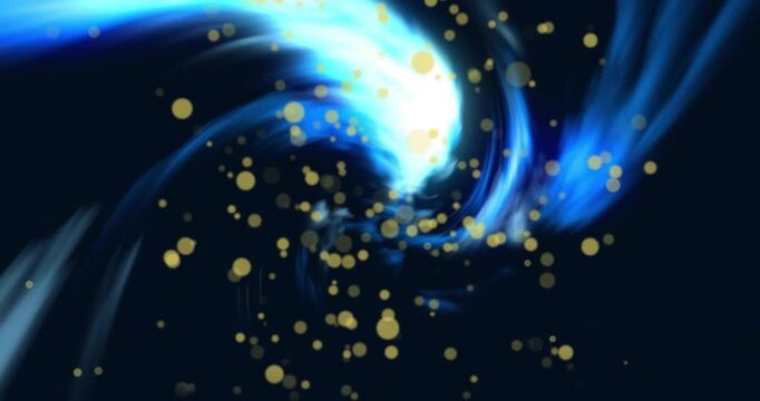 Blue vortex rotating as top-right streak emerging, drawing gold dots inward, spreading central glow