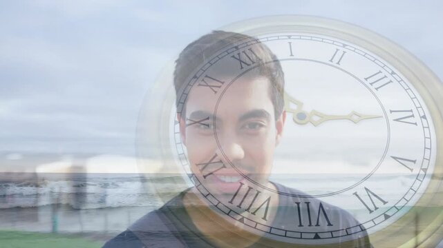 Man posing at seaside pier, Roman clock hands moving overlaying portrait, showing time for business