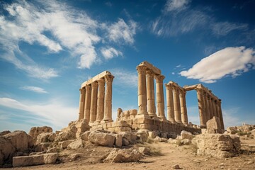 Naklejka premium Roman ruins and columns against a vibrant blue sky with scattered clouds