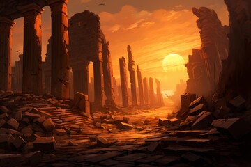 Naklejka premium Ancient ruins and broken pillars standing under a vivid orange sunset
