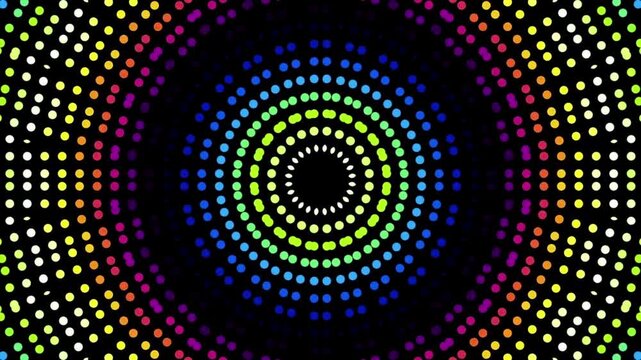 Vibrant dotwork pattern with concentric circles on black background