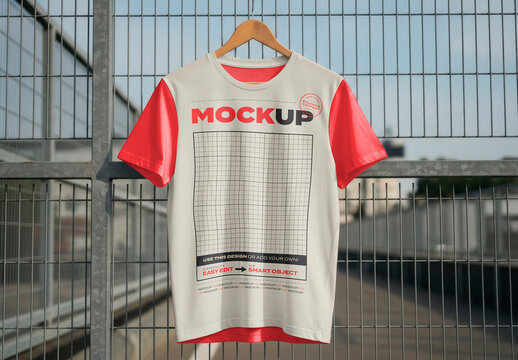Tshirt on Hanger Hanging on Metal Fence Mockup