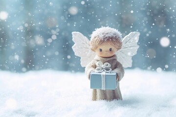 Naklejka premium Angel statue holding a small blue gift box in a snowy winter scene with bokeh background