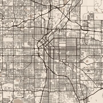 Denver City Map uncover the intricate elegance of a high resolution raster image that offers a refined linework and structured urban grid capturing a sophisticated sepia aesthetic for art enthusiasts.