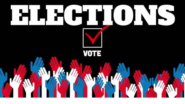 Small red hands appearing at ELECTIONS, hands rising and red check forming representing turnout