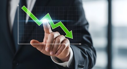 Businessman touching a virtual screen with a downward arrow on a chart, symbolizing cost reduction, savings, financial planning, and business efficiency. Concept of finance, economy, and optimization.