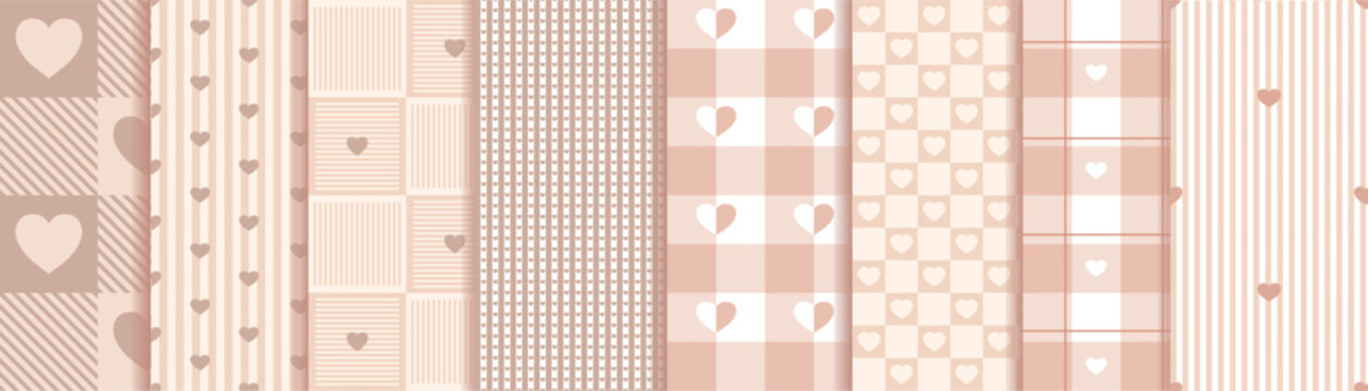 Set pastel seamless vector pattern with vertical stripes and hearts. Geometric striped repeating gingham texture background. Cute modern bg.
