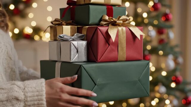 Woman holding a large stack of wrapped Christmas gifts. Close-up of hands in a white sweater carrying red, green, silver, and gold present boxes. Festive holiday background with blurred tree lights
