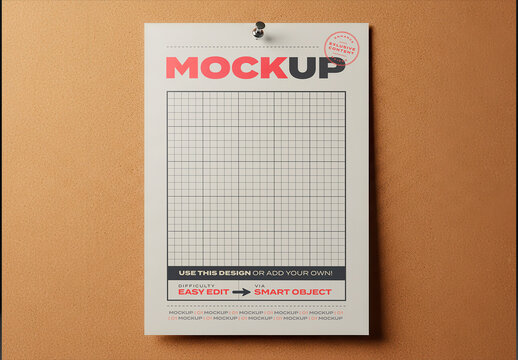 Vertical Page Poster Note Pin to Cork Panel Mockup