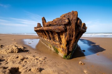 Naklejka premium Wooden Shipwreck Revealed on Shore During Extreme Low Tide Landscape