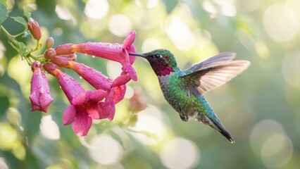 Obraz premium A Small Hummingbird Drinks Nectar From Pink Flowers in a Sunlit Garden